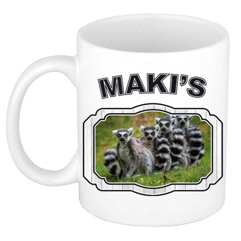 Dieren maki familie beker - makis/ maki apen mok wit 300 ml -