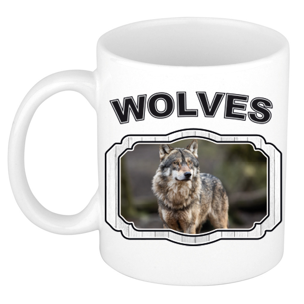 Dieren wolf beker - wolves/ wolven mok wit 300 ml -