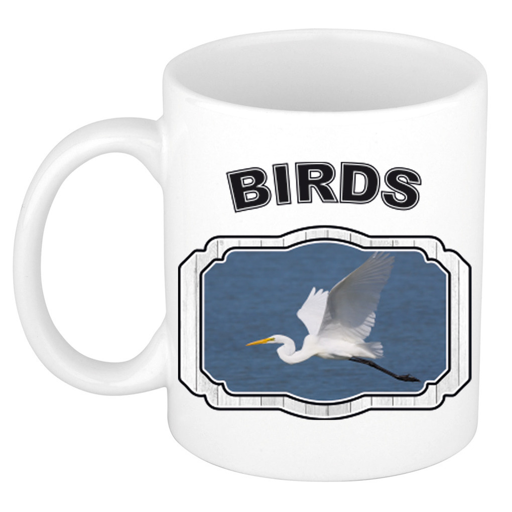 Dieren grote zilverreiger beker - birds/ vogels mok wit 300 ml -