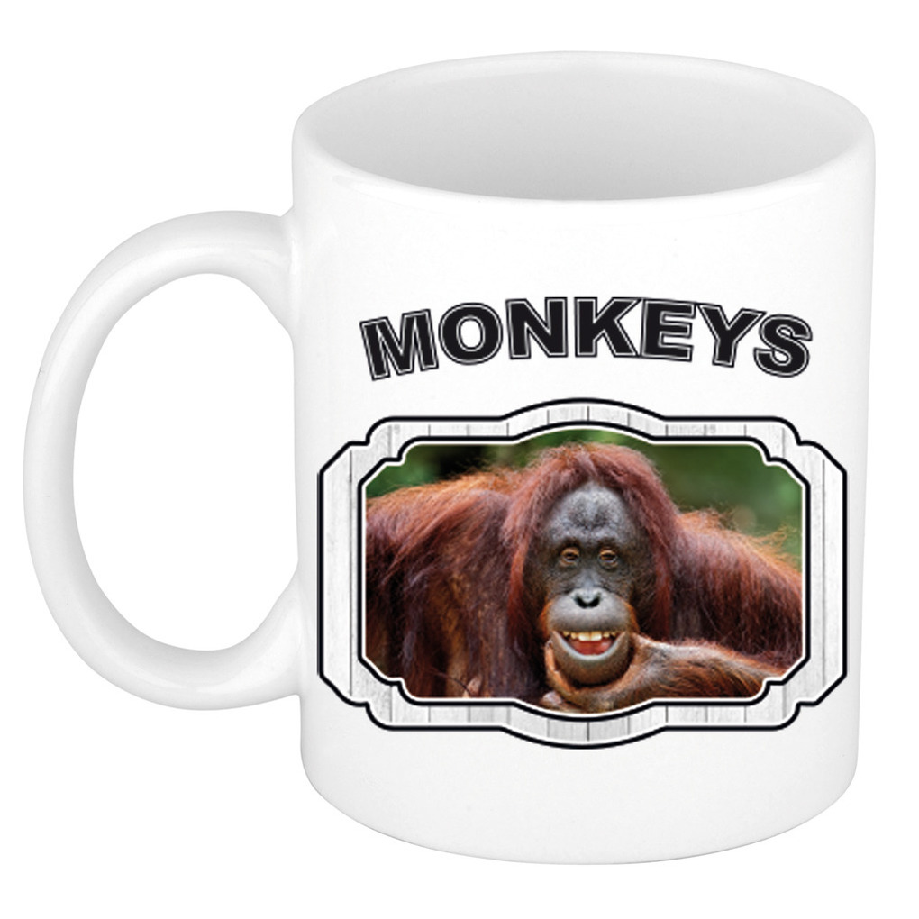 Dieren gekke orangoetan beker - monkeys/ apen mok wit 300 ml -