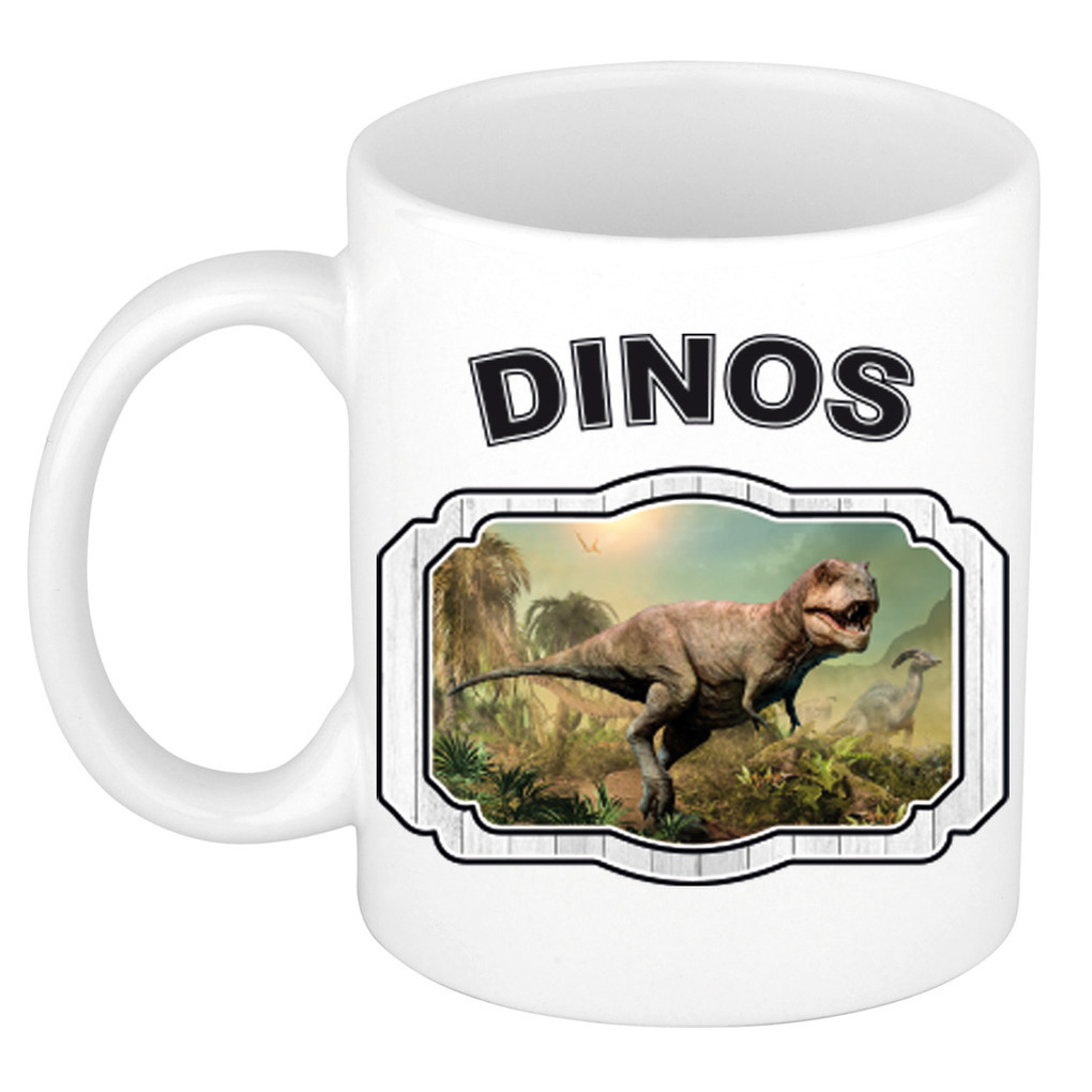 Dieren stoere t-rex dinosaurus beker - dinosaurs/ dinosaurussen mok wit 300 ml -