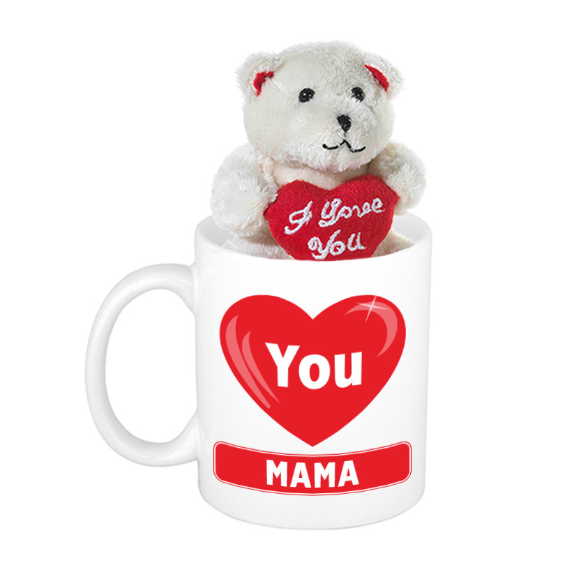 Moederdag cadeau hartje I Love Mama beker / mok 300 ml met beige knuffelbeertje met love hartje -