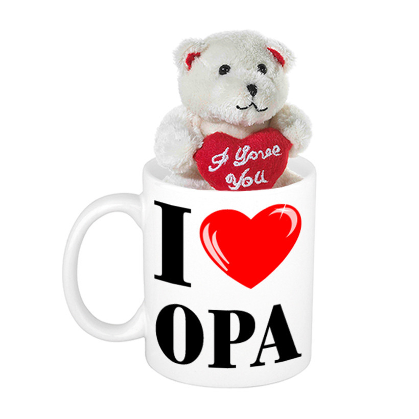 Opa cadeau I Love Opa beker / mok 300 ml met beige knuffelbeertje met love hartje -