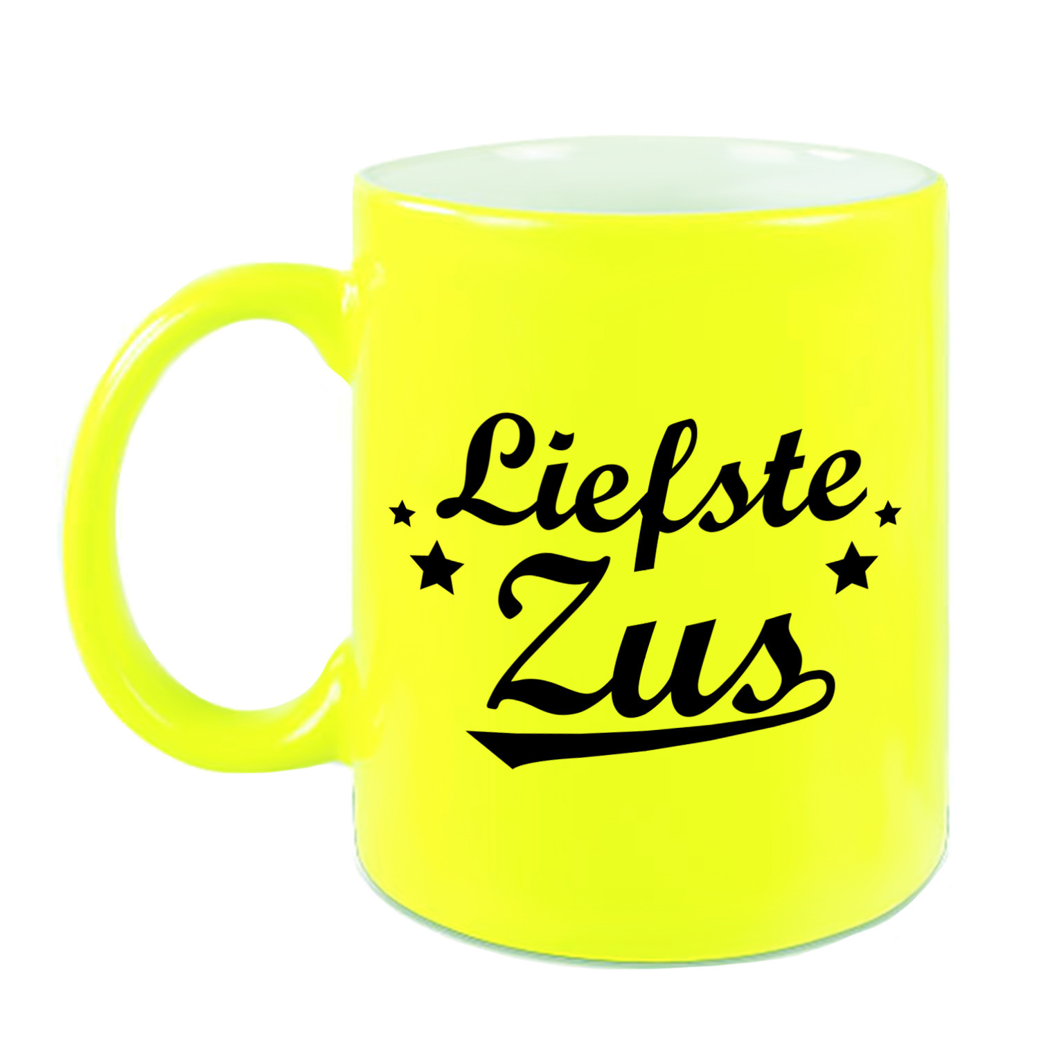 Liefste zus cadeau mok / beker neon geel met sterren 330 ml -