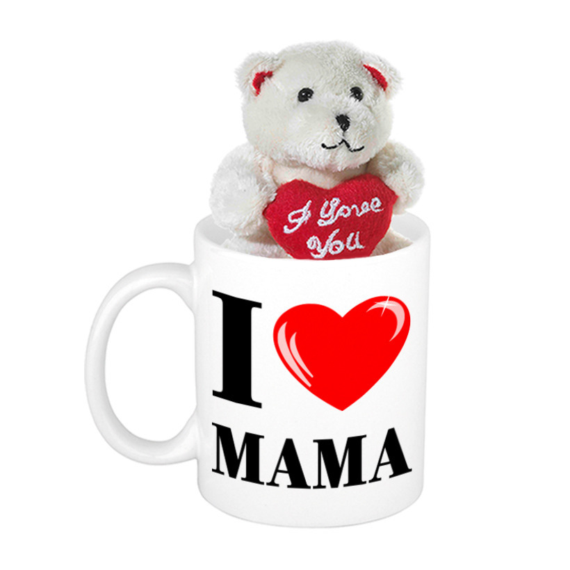 Moederdag cadeau I Love Mama beker / mok 300 ml met beige knuffelbeertje met love hartje -