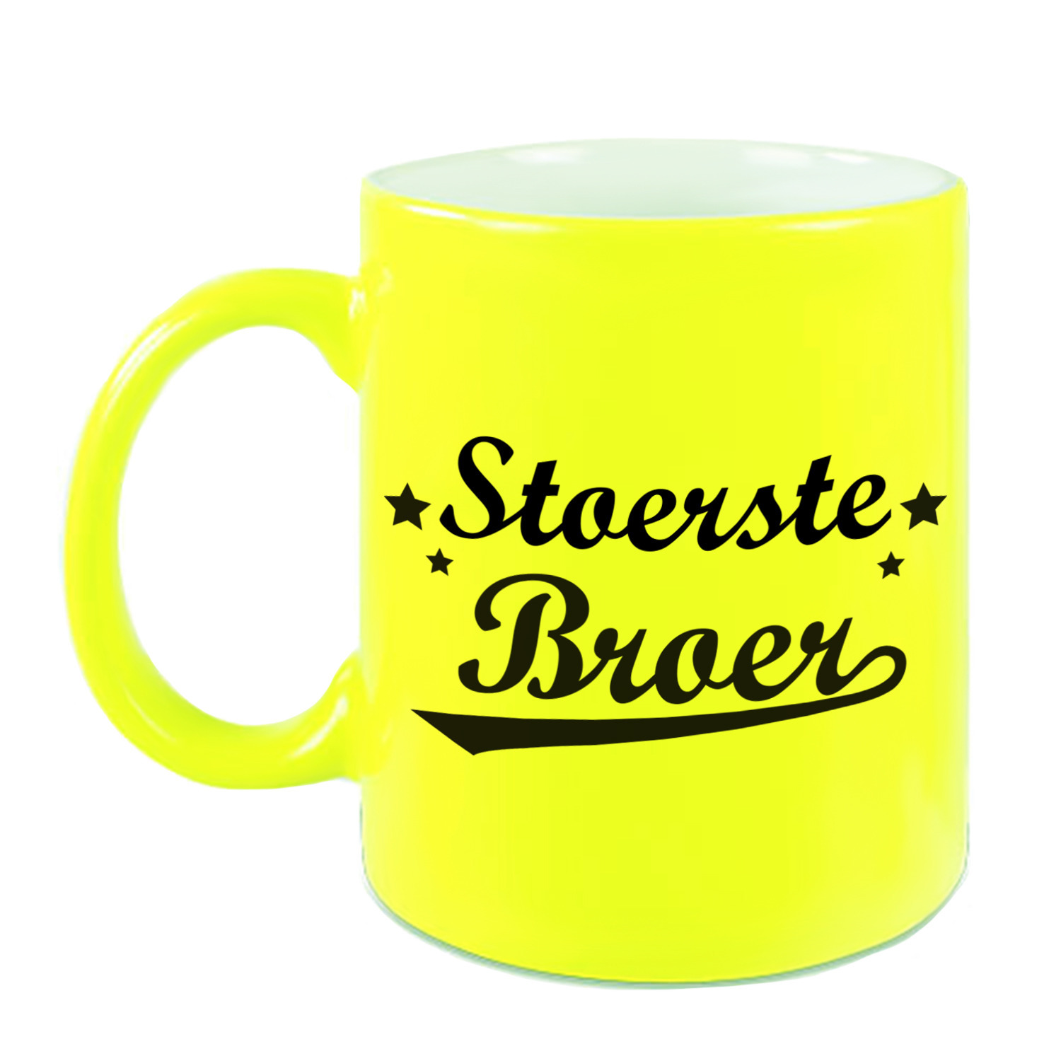Stoerste broer cadeau mok / beker neon geel met sterren 330 ml -