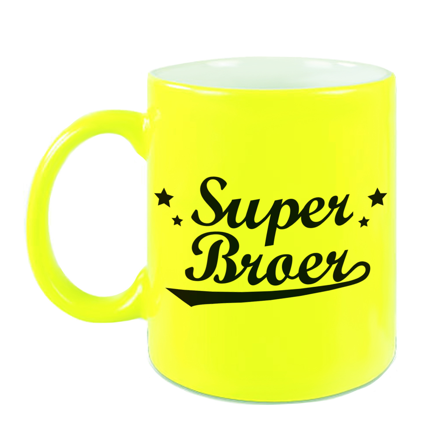 Super broer cadeau mok / beker neon geel met sterren 330 ml -