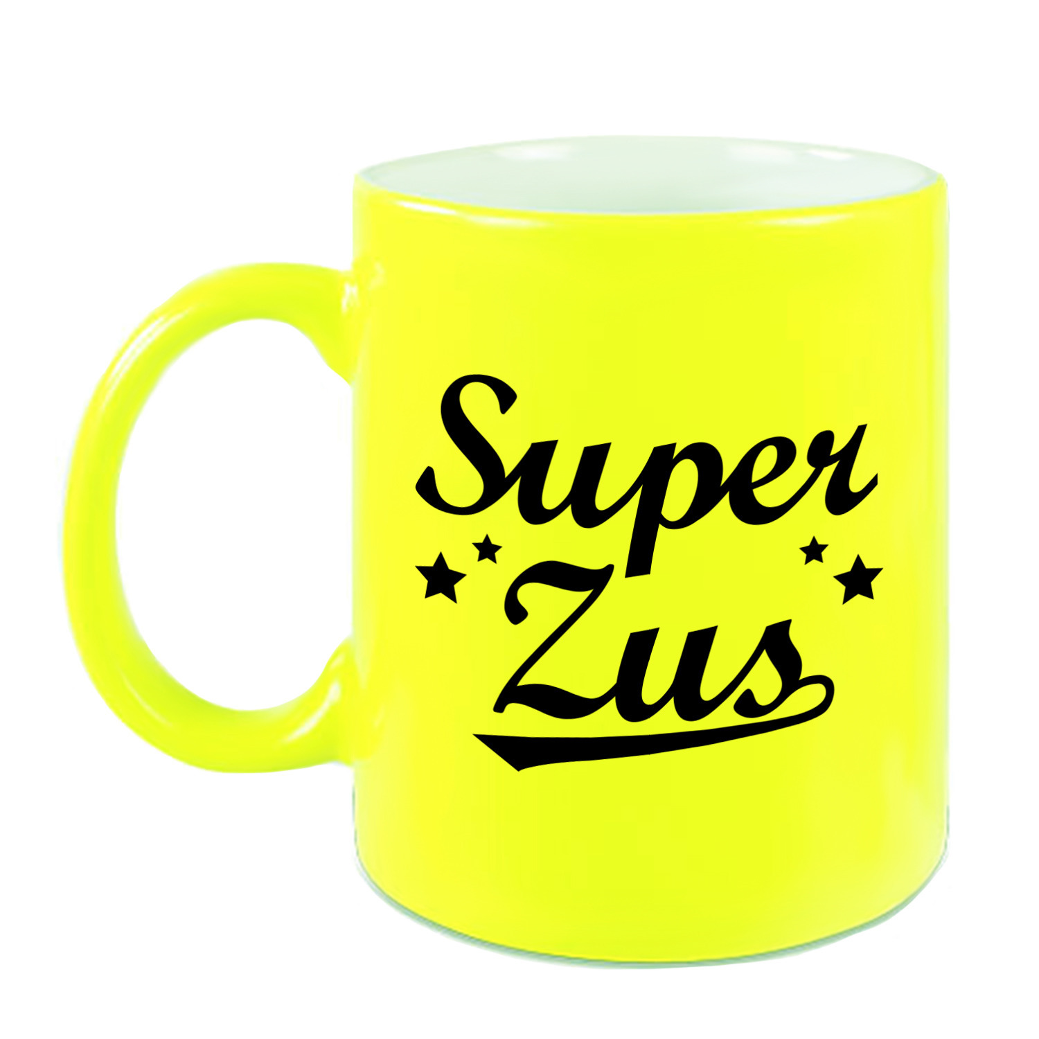 Super zus cadeau mok / beker neon geel met sterren 330 ml -