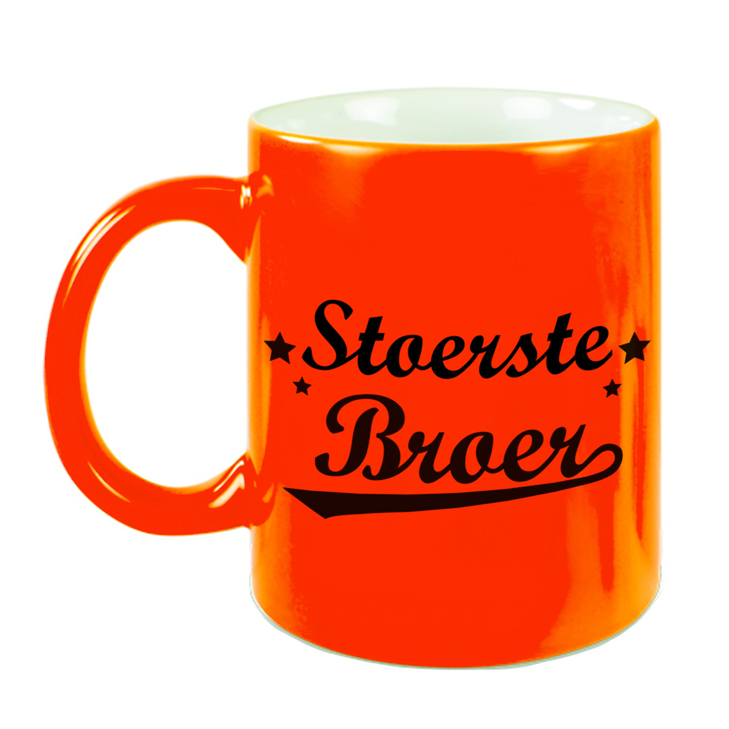 Stoerste broer cadeau mok / beker neon oranje met sterren 330 ml -