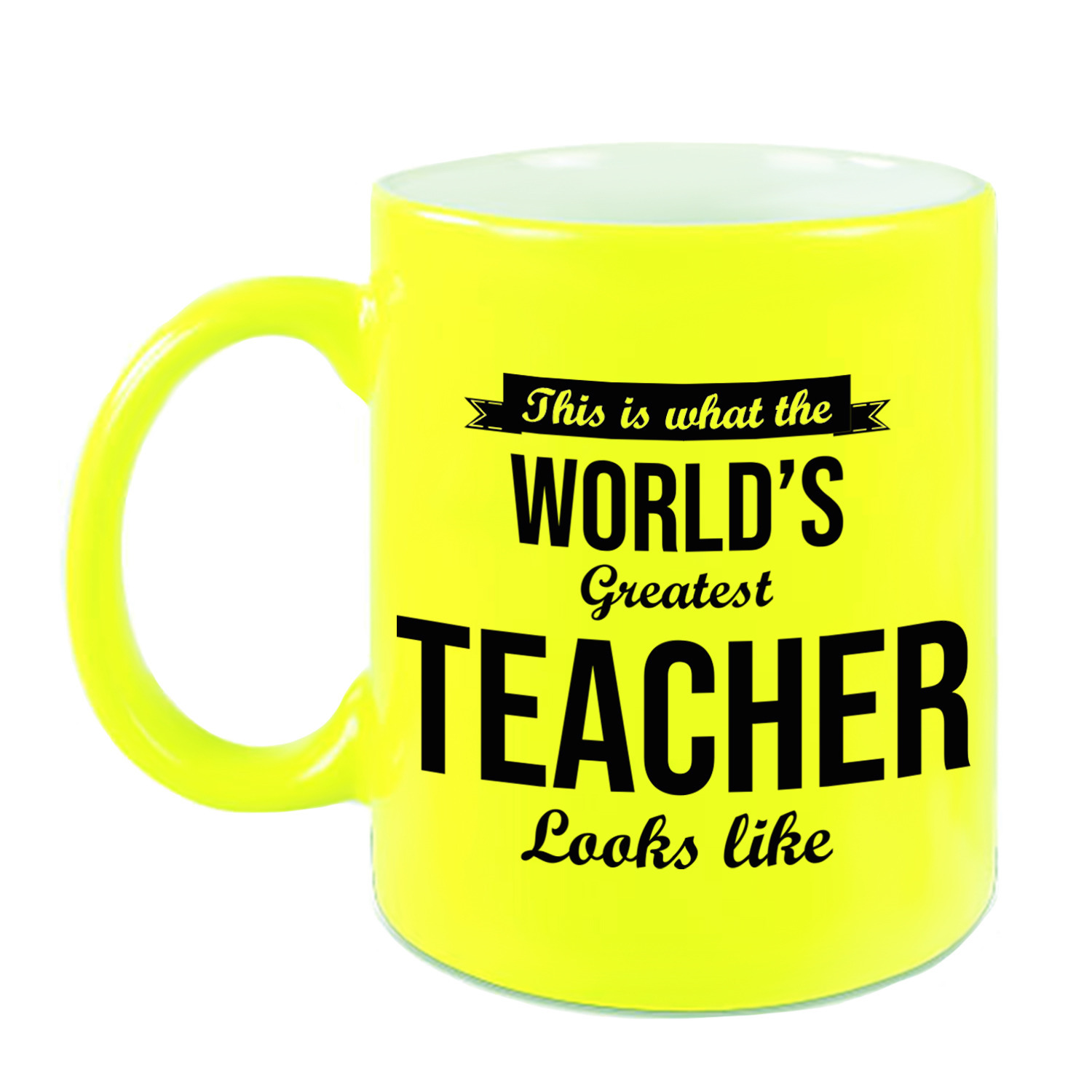 Worlds Greatest Teacher cadeau koffiemok / theebeker voor leraar / lerares neon geel 330 ml -
