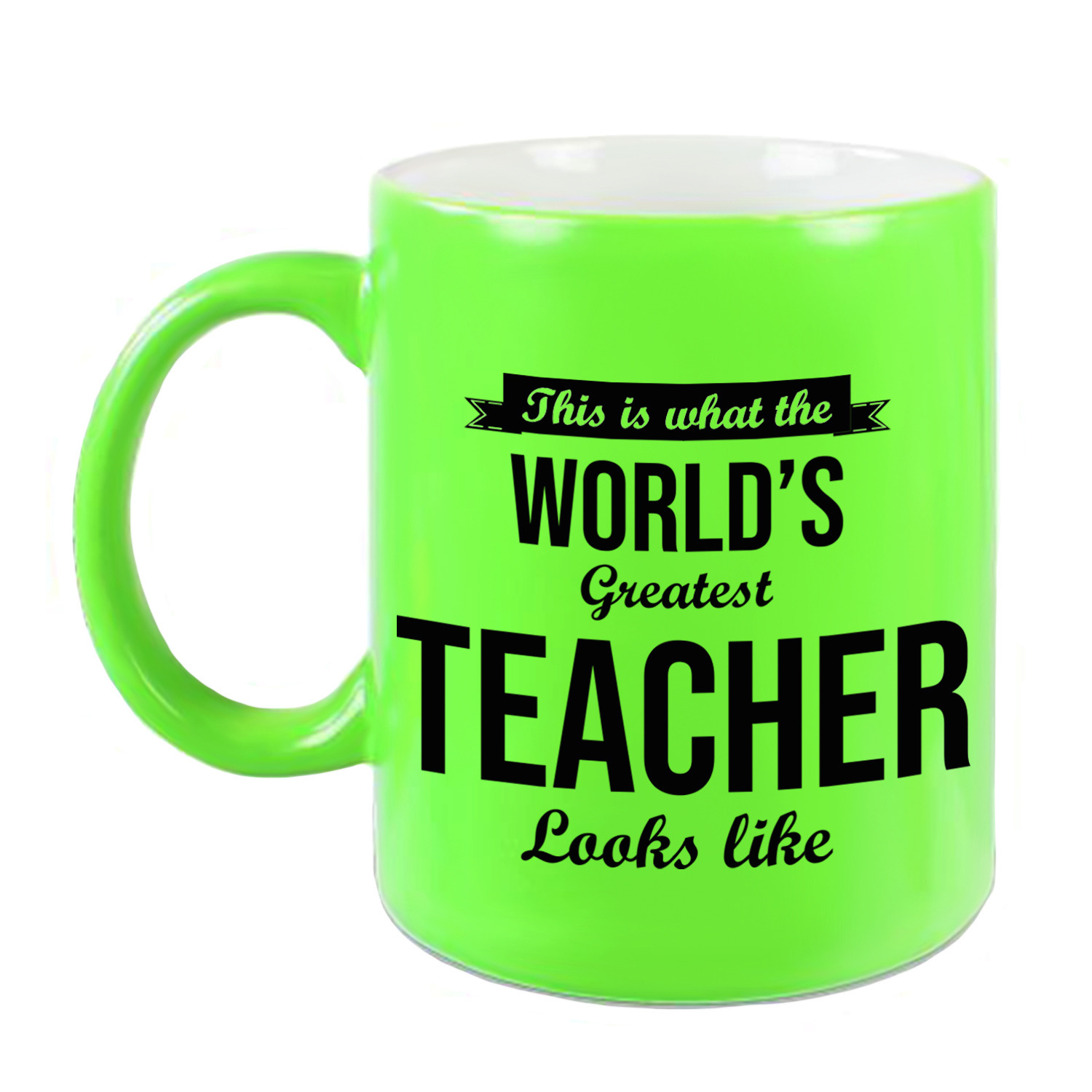 Worlds Greatest Teacher cadeau koffiemok / theebeker voor leraar / lerares neon groen 330 ml -