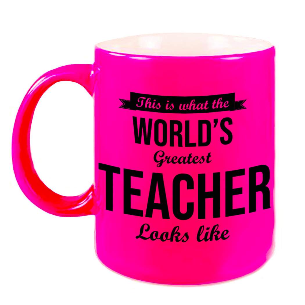 Worlds Greatest Teacher cadeau koffiemok / theebeker voor leraar / lerares neon roze 330 ml -
