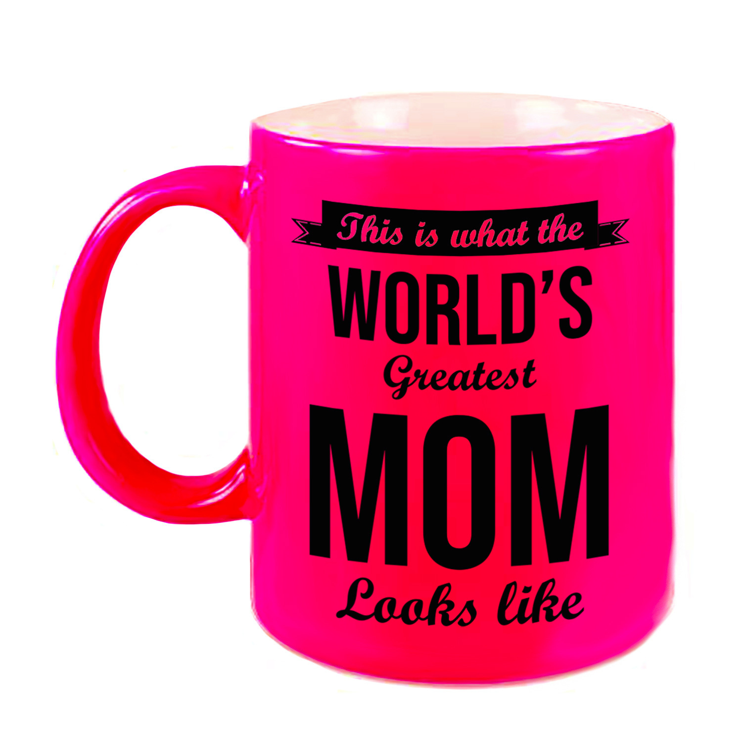 Worlds Greatest Mom cadeau koffiemok / theebeker neon roze 330 ml -