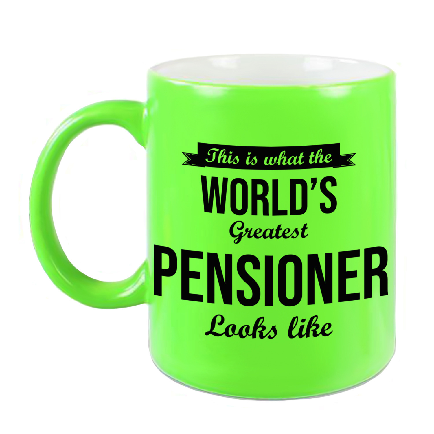 How the worlds greatest pensioner looks like mok / beker neon groen pensioen cadeau collega 330 ml -