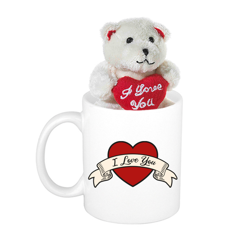 Valentijn cadeau I love you banner beker / mok 300 ml met beige knuffelbeertje met love hartje -