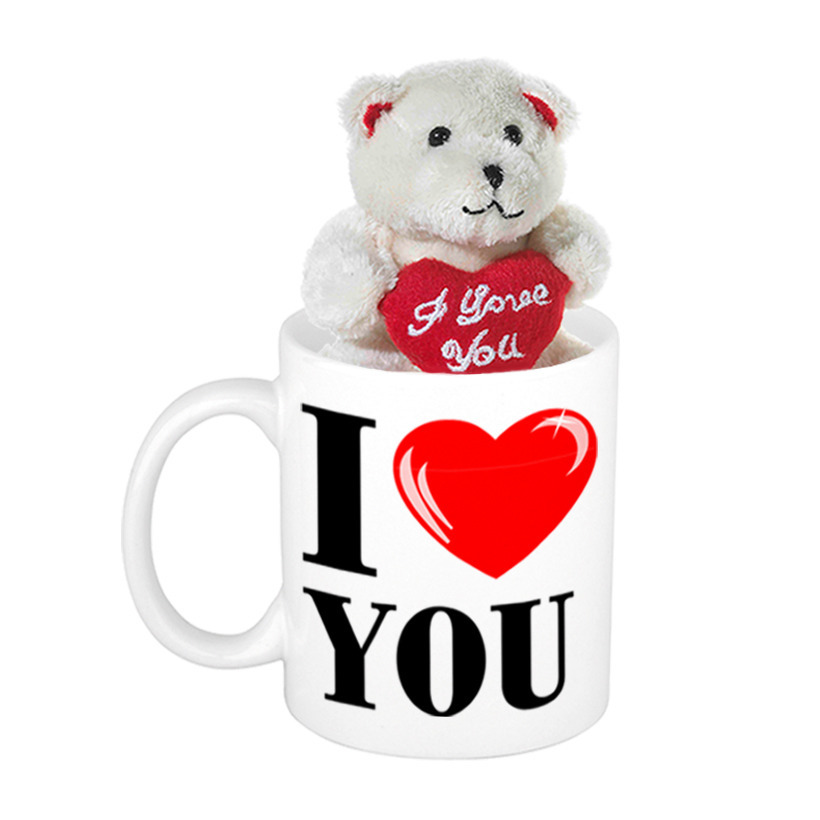 Valentijn cadeau I Love You beker / mok 300 ml met beige knuffelbeertje met love hartje -