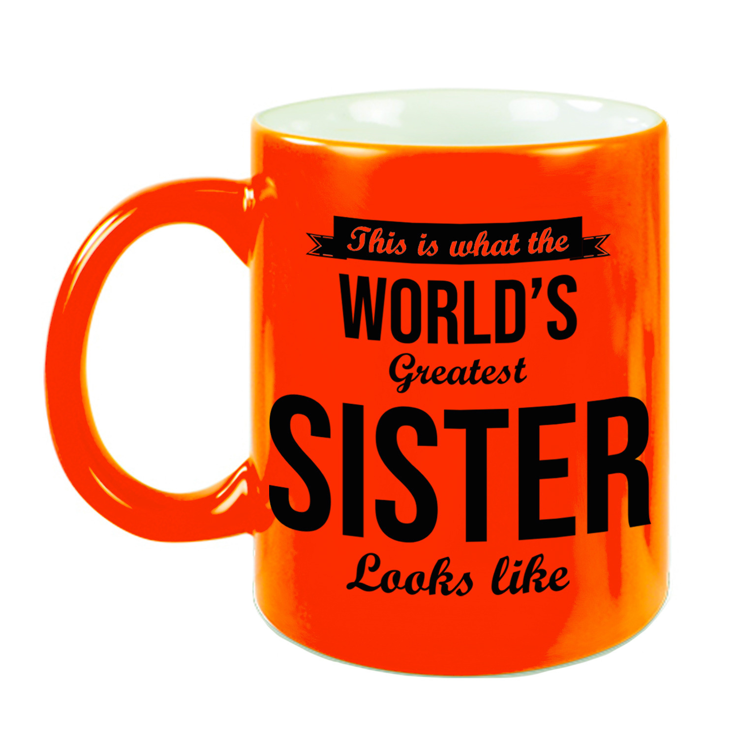 Worlds Greatest Sister cadeau koffiemok / theebeker neon oranje 330 ml -