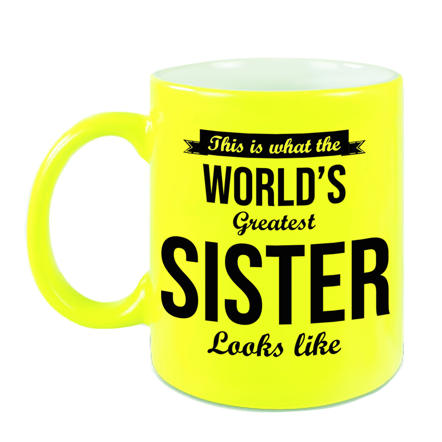 Worlds Greatest Sister cadeau koffiemok / theebeker neon geel 330 ml -