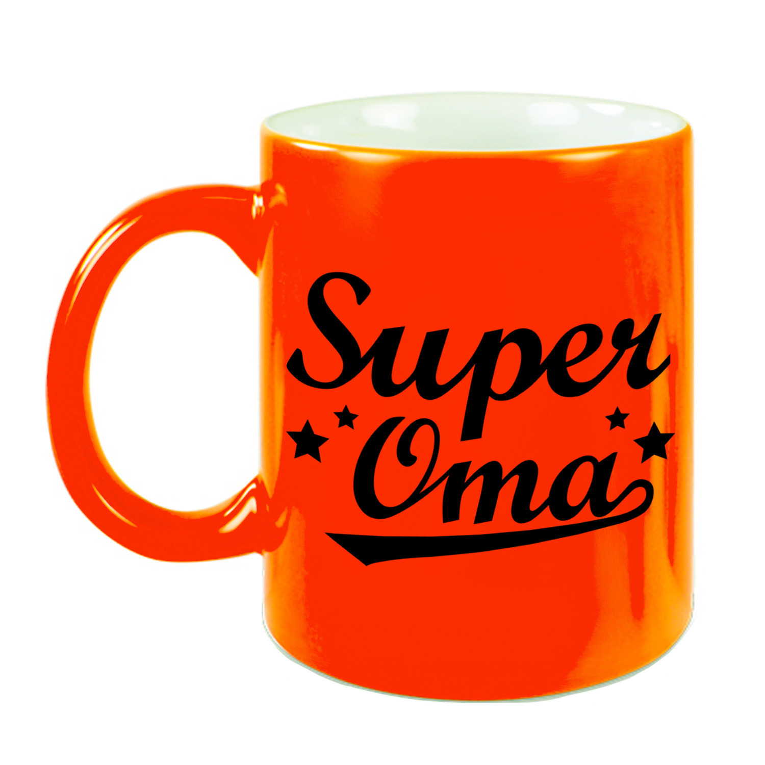 Super oma cadeau mok / beker neon oranje met sterren 330 ml -