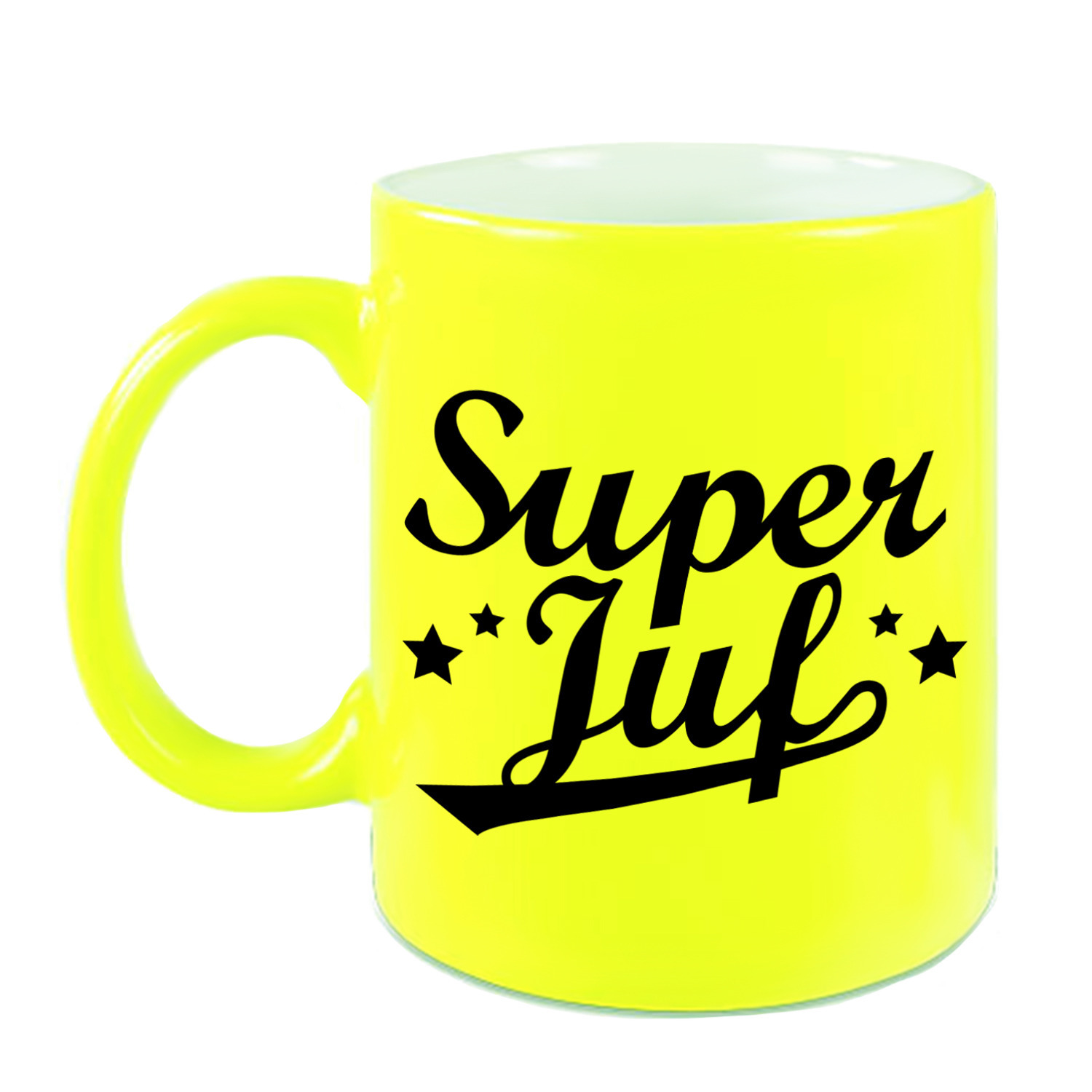 Super juf cadeau mok / beker neon geel 330 ml -