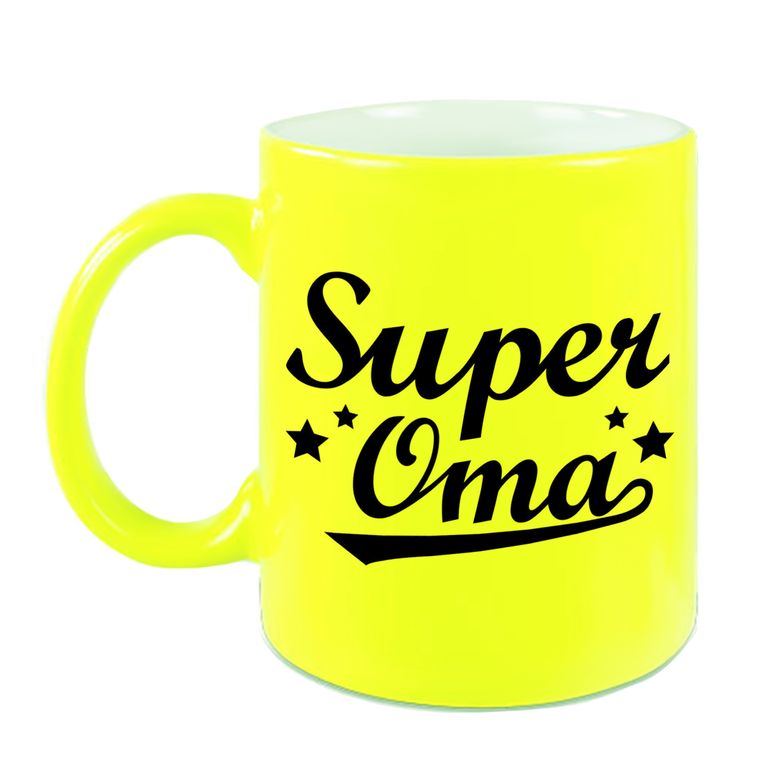 Super oma cadeau mok / beker neon geel met sterren 330 ml -