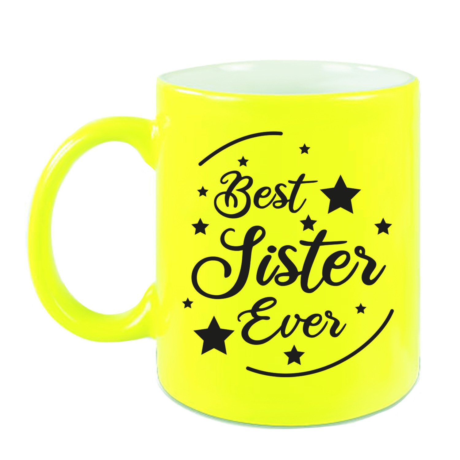 Best Sister Ever cadeau koffiemok / theebeker neon geel 330 ml -