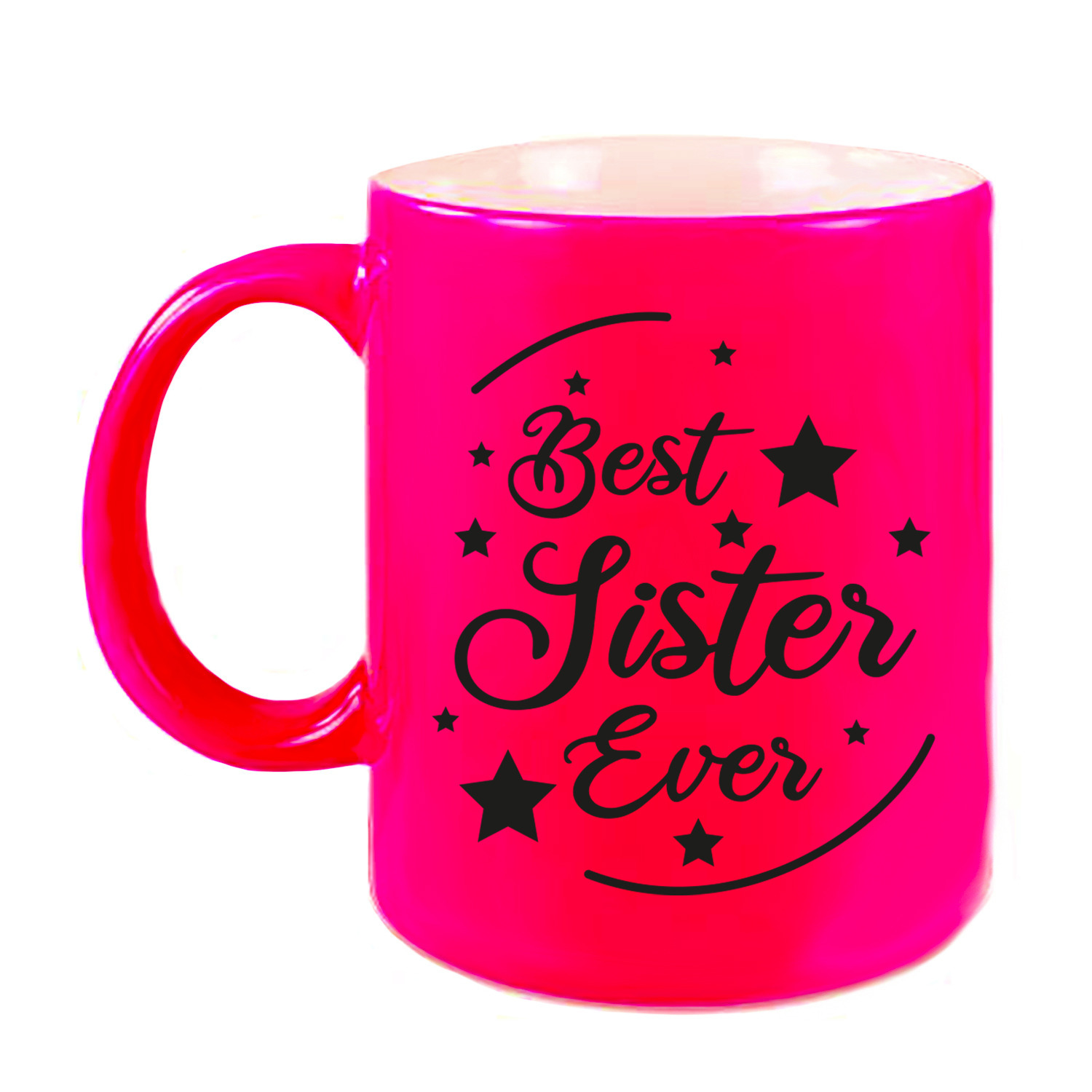 Best Sister Ever cadeau koffiemok / theebeker neon roze 330 ml -