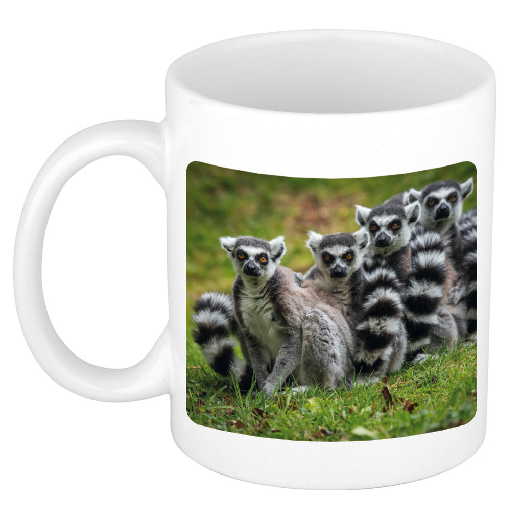 Dieren foto mok maki familie - ringstaartmaki apen beker wit 300 ml -
