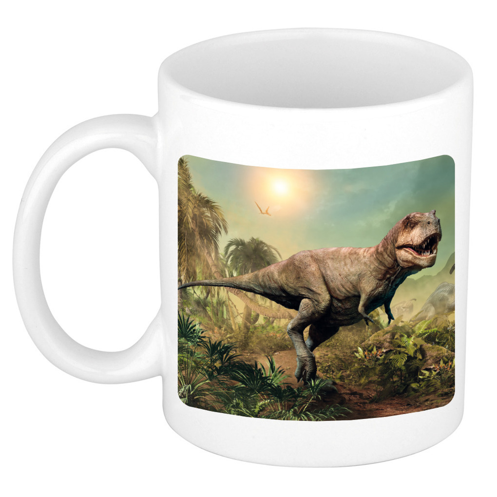Dieren foto mok stoere t-rex dinosaurus - dinosaurussen beker wit 300 ml -