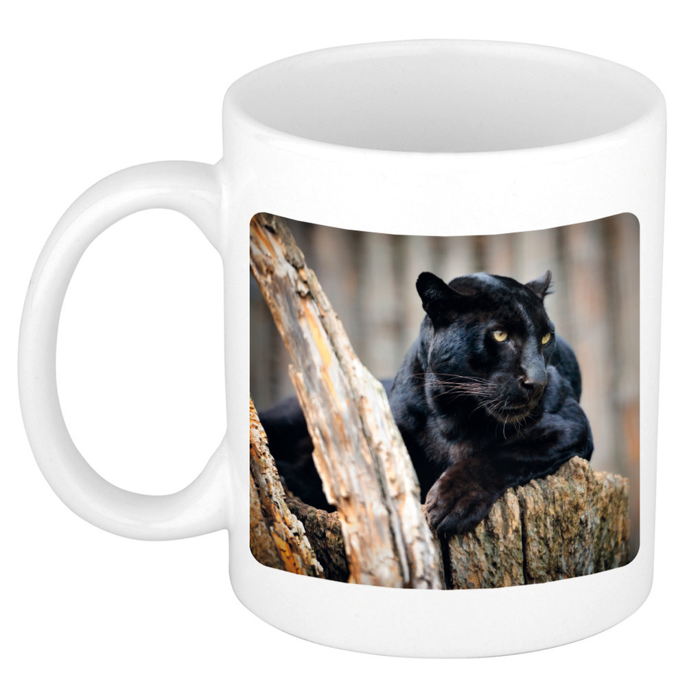 Dieren foto mok zwarte panter - panters beker wit 300 ml -