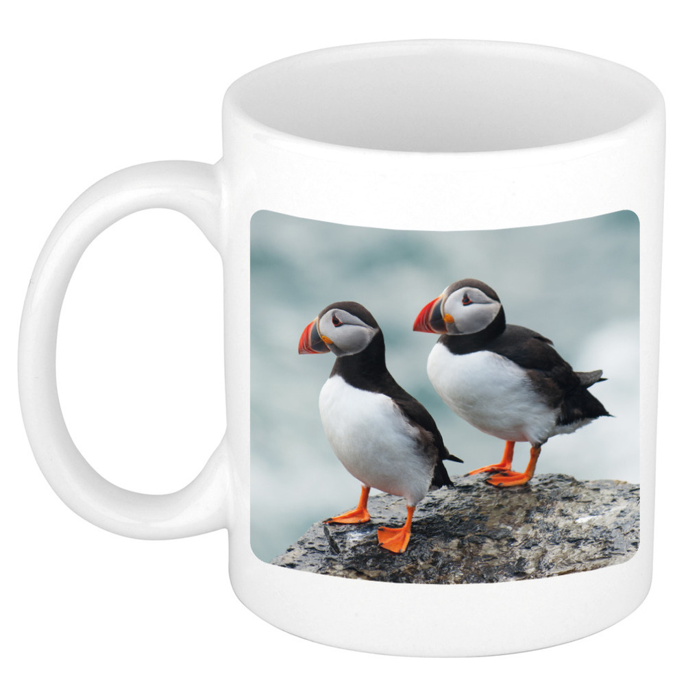 Dieren foto mok papegaaiduiker vogel - vogels beker wit 300 ml -