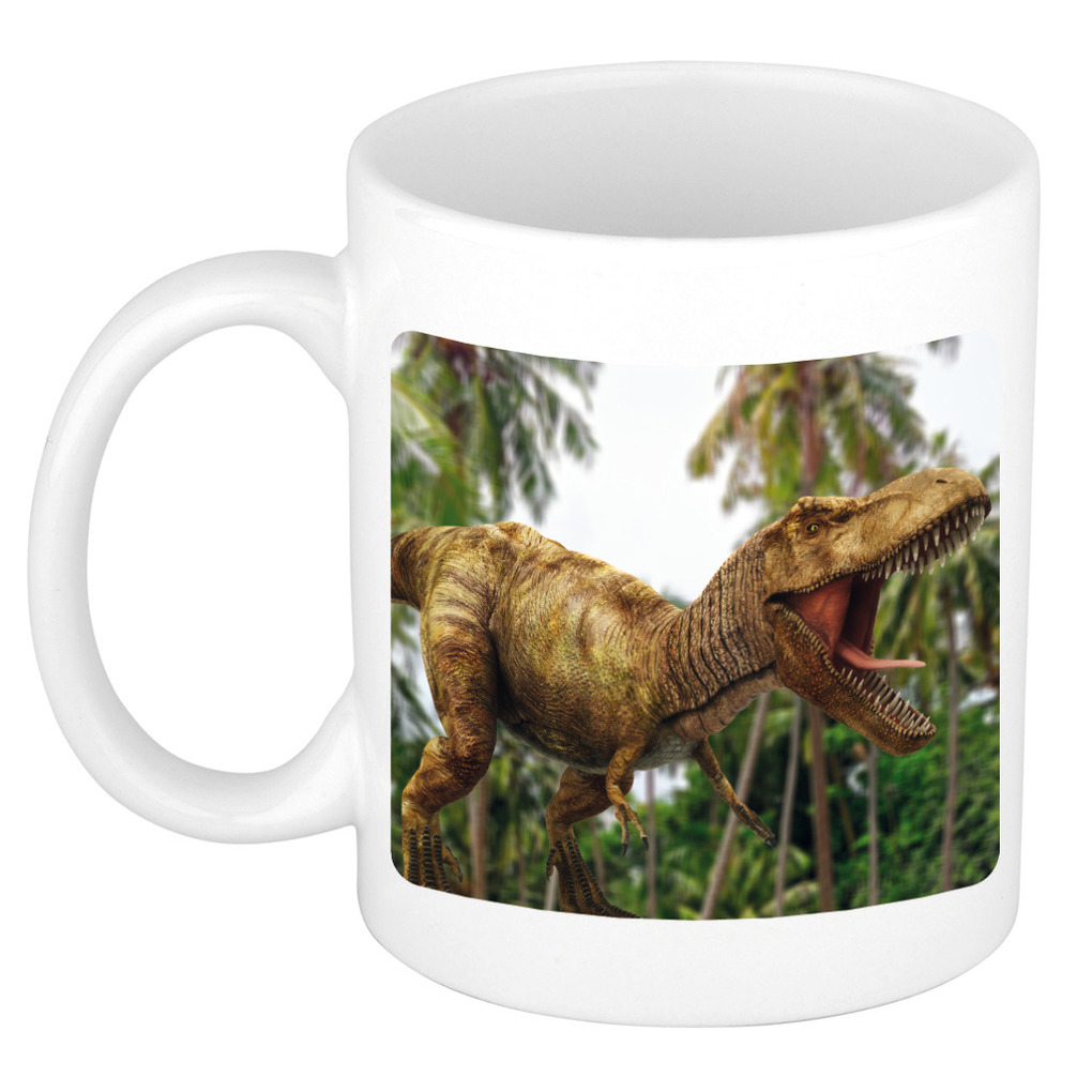 Dieren foto mok brullende t-rex dinosaurus - tyrannosaurus rex beker wit 300 ml -