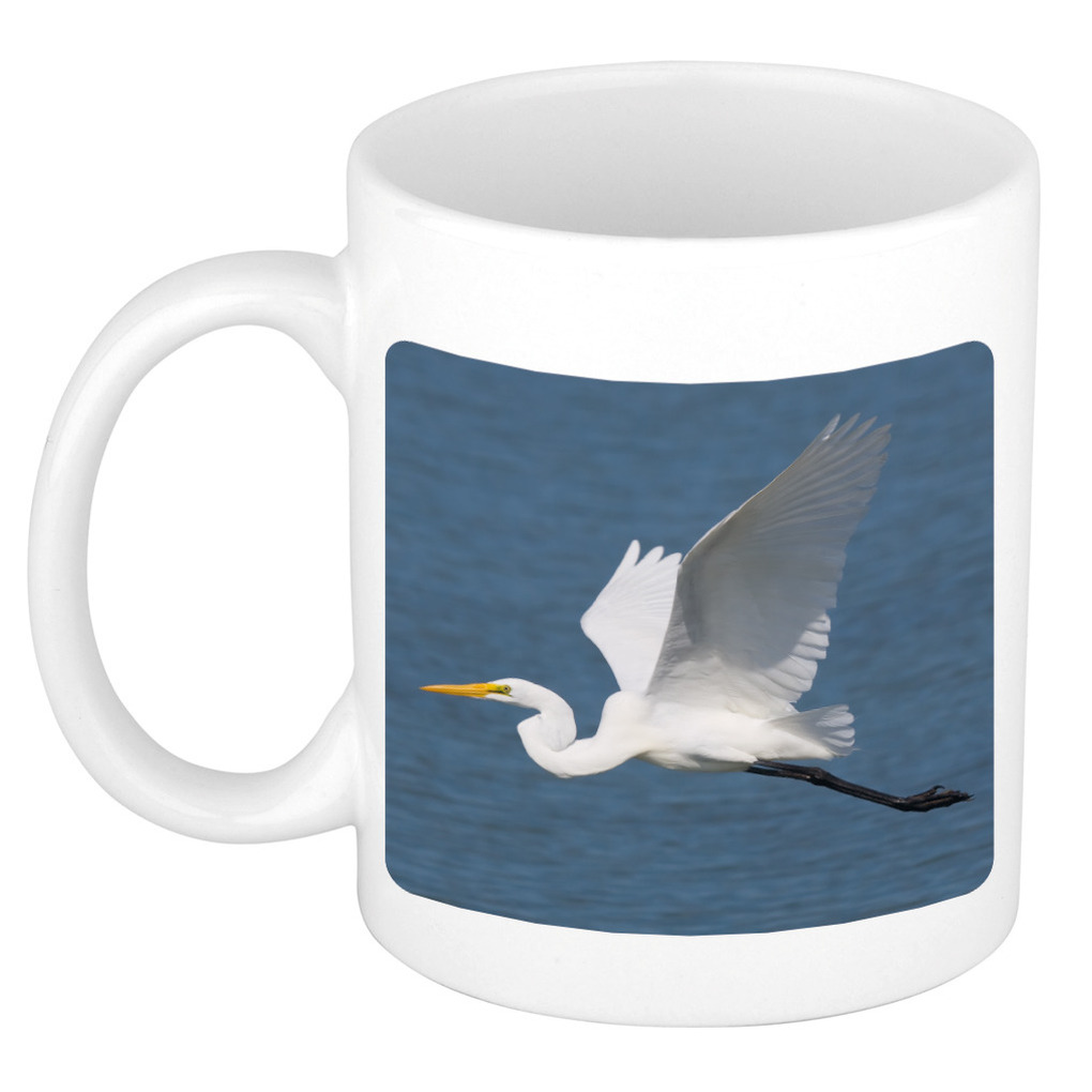 Dieren foto mok grote zilverreiger - vogels beker wit 300 ml -