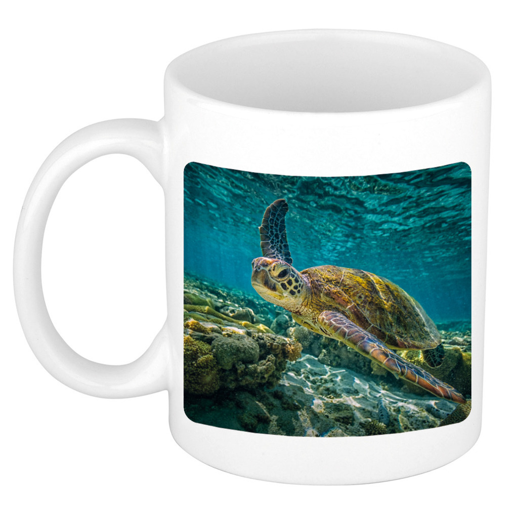 Dieren foto mok zee schildpad - schildpadden beker wit 300 ml -