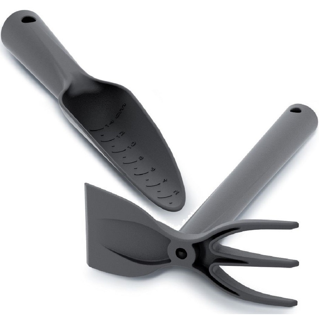 Set van een zwarte kunststof hark/schoffel en tuinschep 29 cm -