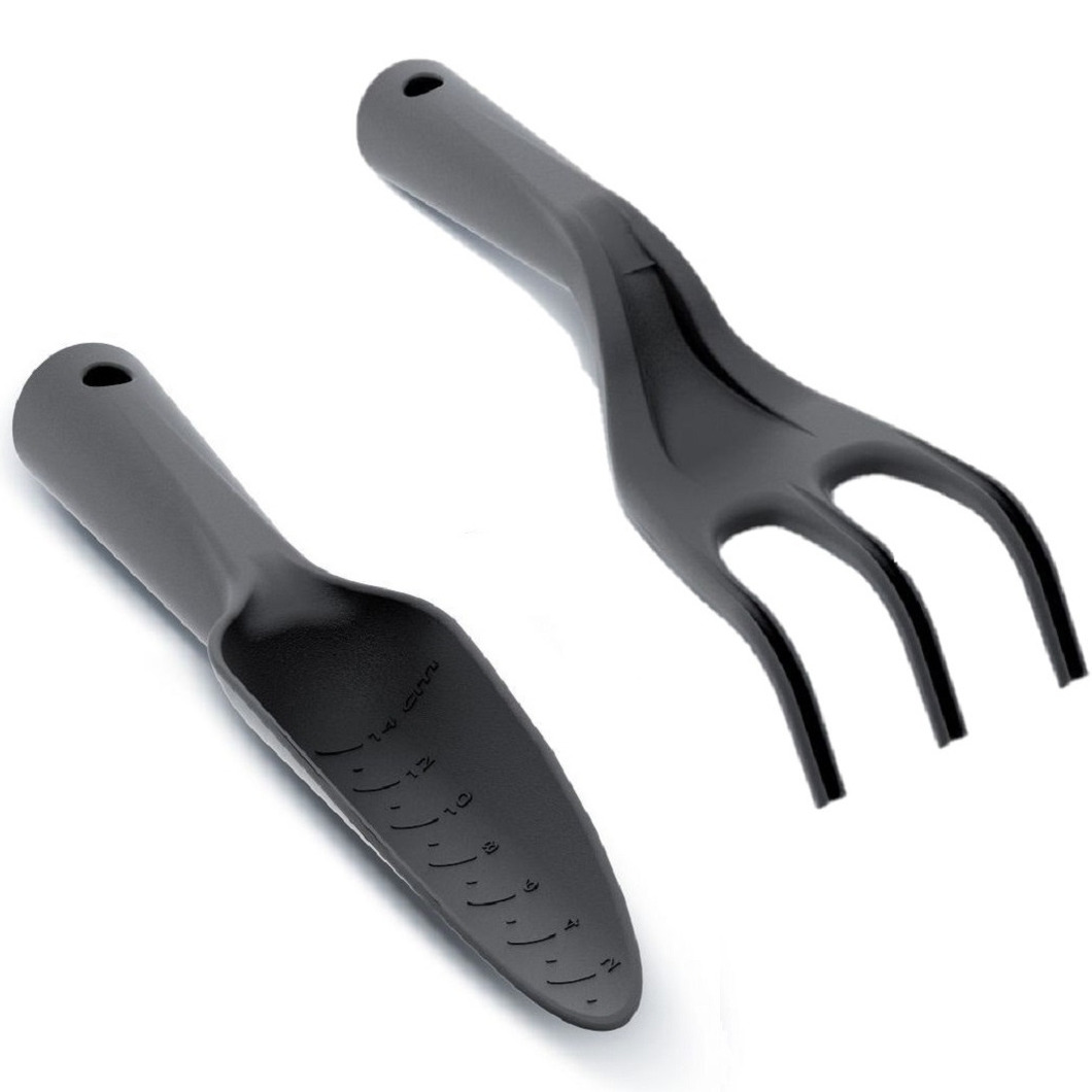 Set van een zwarte kunststof hand hark en smalle tuinschep 26/29 cm -