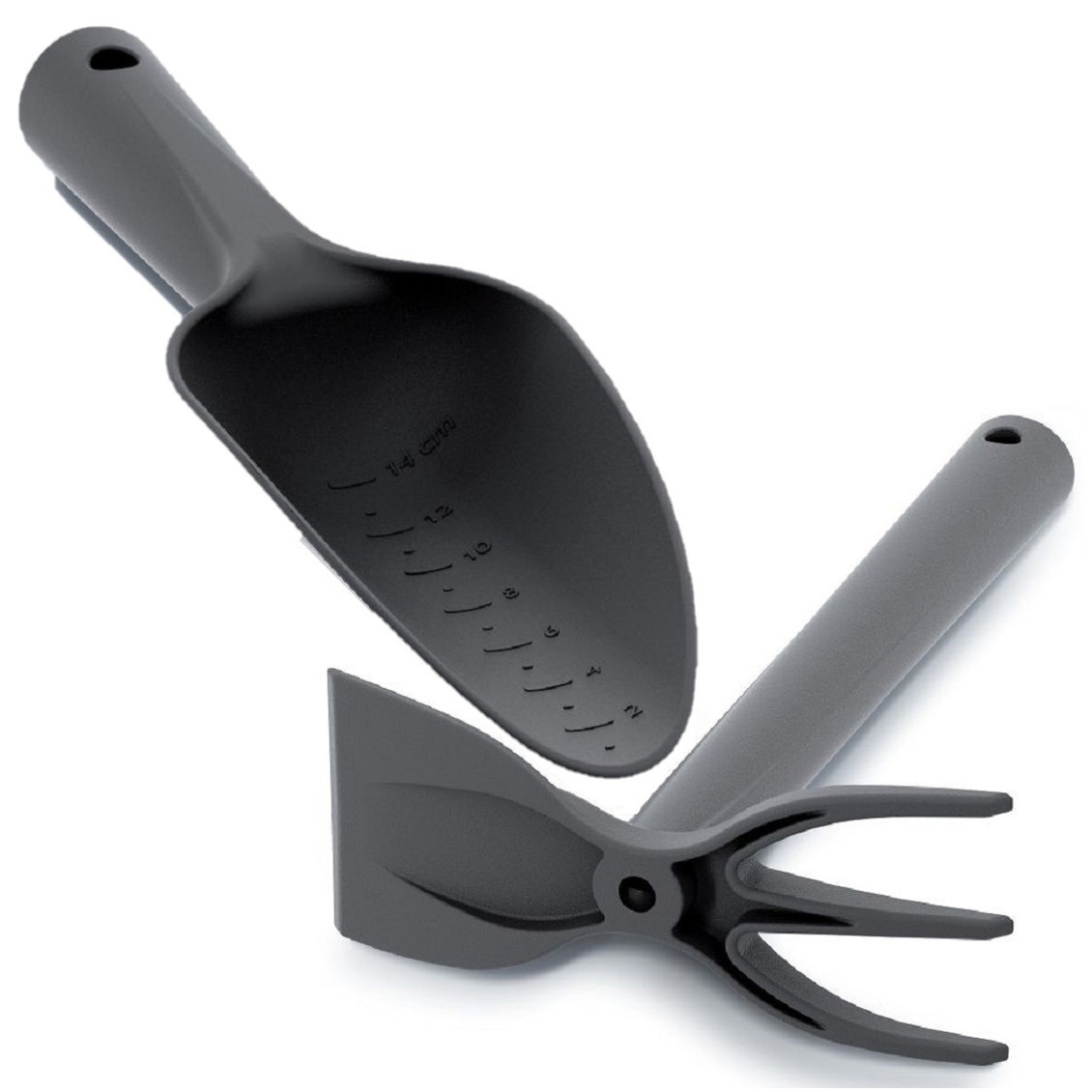 Set van een zwarte kunststof hark/schoffel en tuinschep 29 cm -