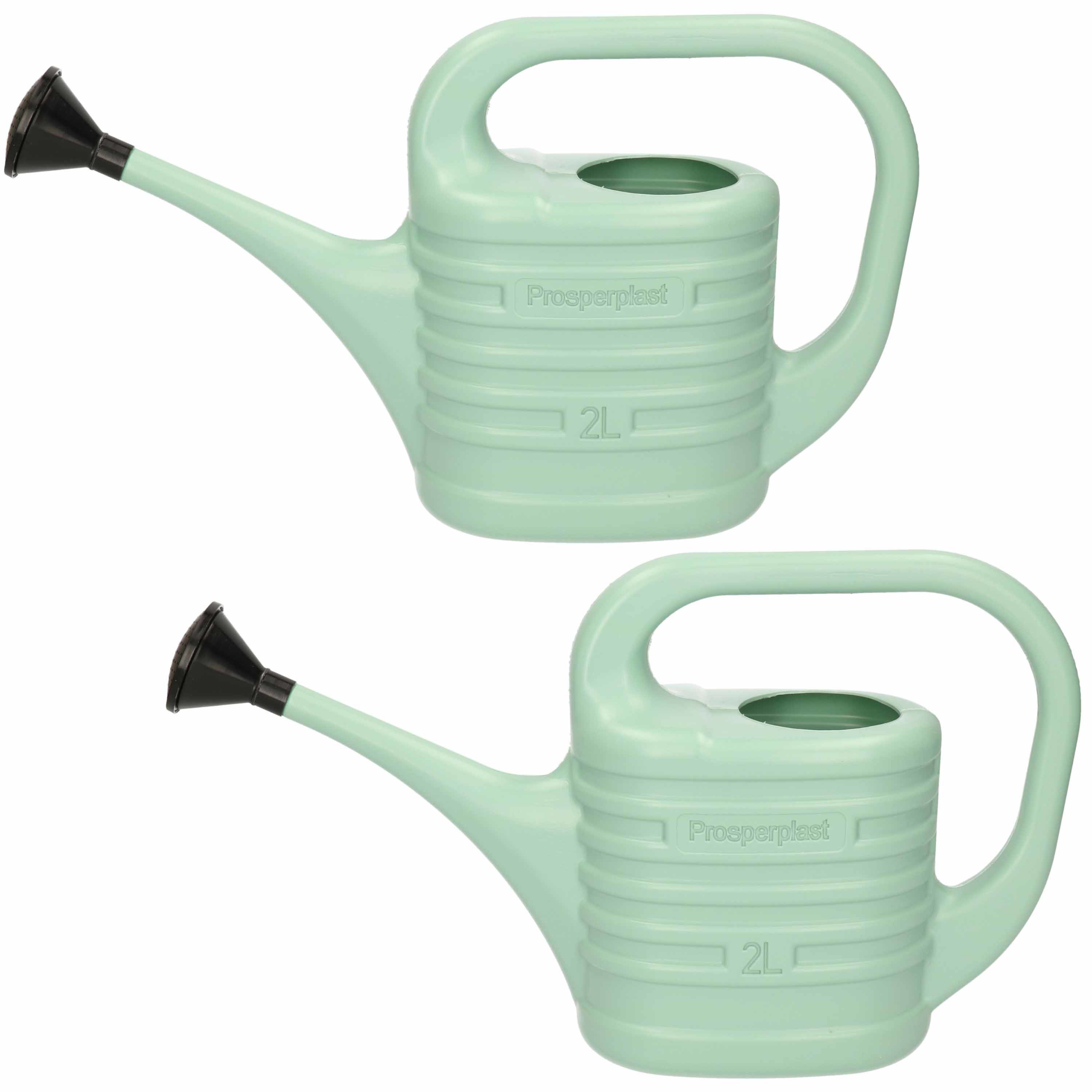 Set van 2x stuks mintgroene kunststof bloemen/planten gieters met broeskop/sproeikop 2 liter -