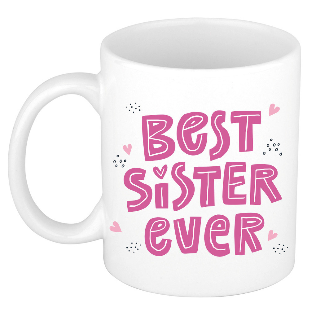 Best sister ever cadeau mok / beker wit met roze letters en kleine hartjes -
