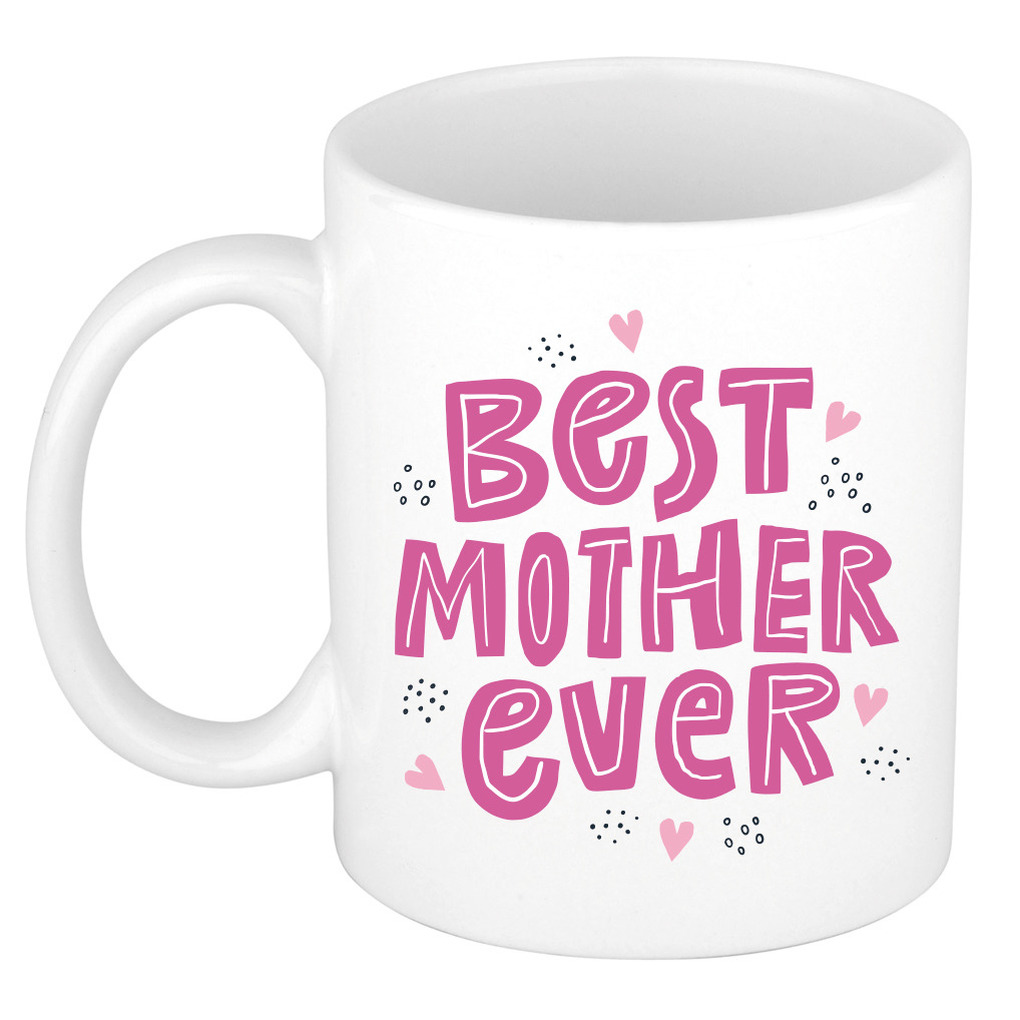 Best mother ever moederdag cadeau mok / beker wit met roze letters en kleine hartjes -