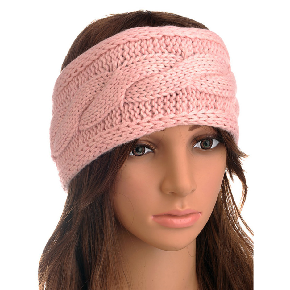 Gebreide winter hoofdband met kabelpatroon - lichtroze - one size - voor dames -