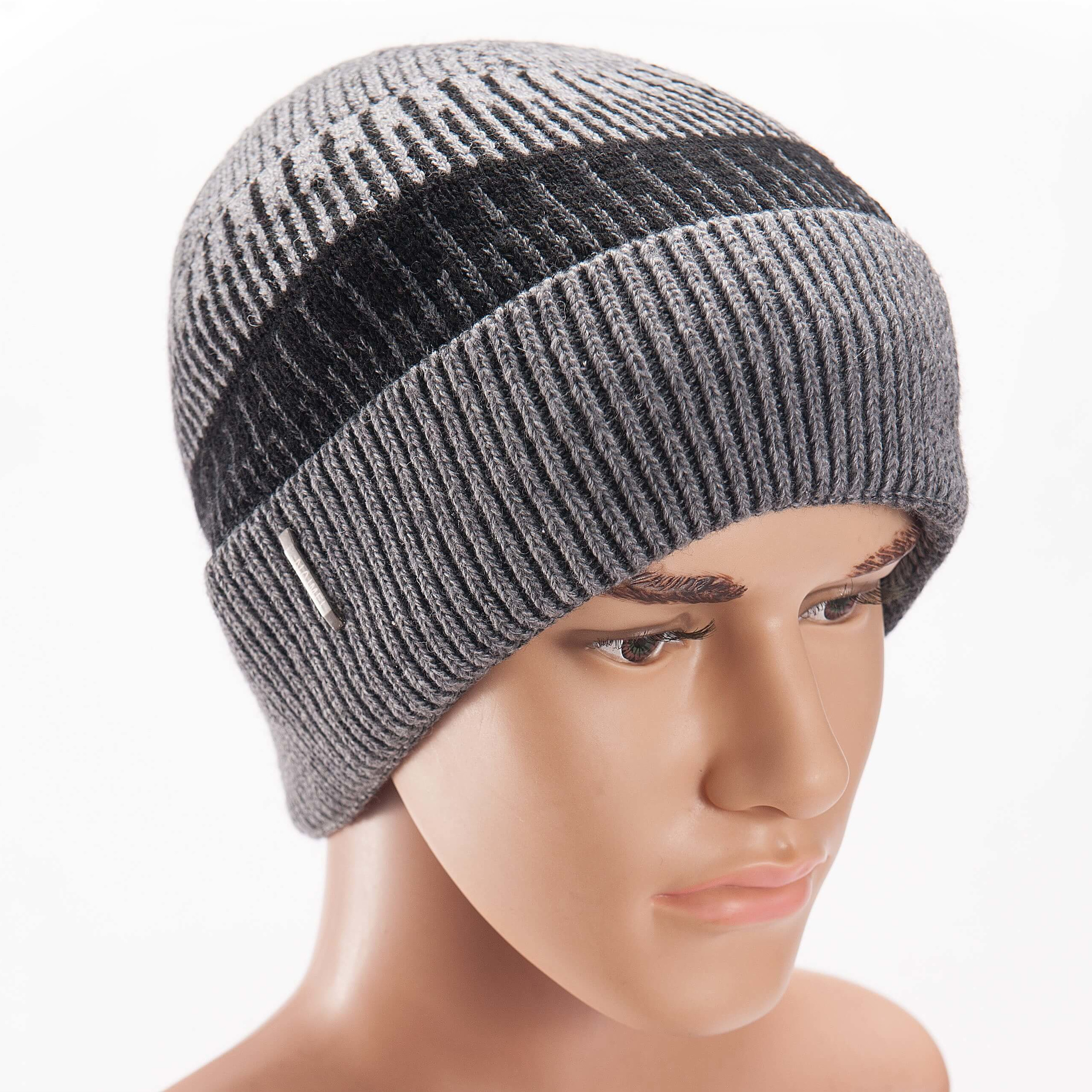 Lichtgrijze/zwarte gebreide beanie muts voor volwassenen One size -