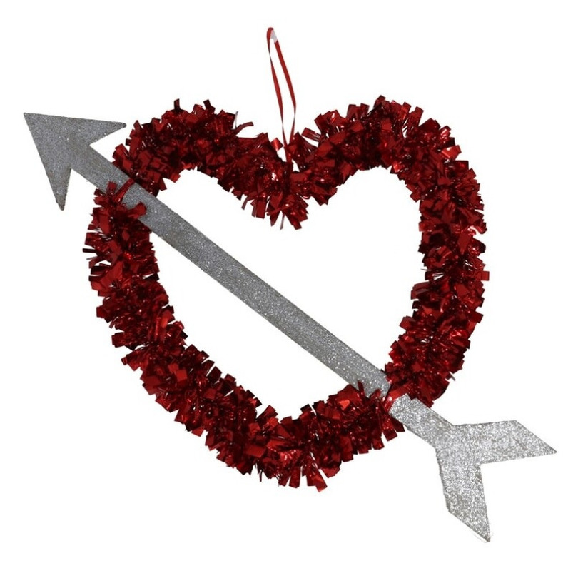 1x Rood Valentijn/bruiloft hangdecoratie hart met pijl 45 cm -