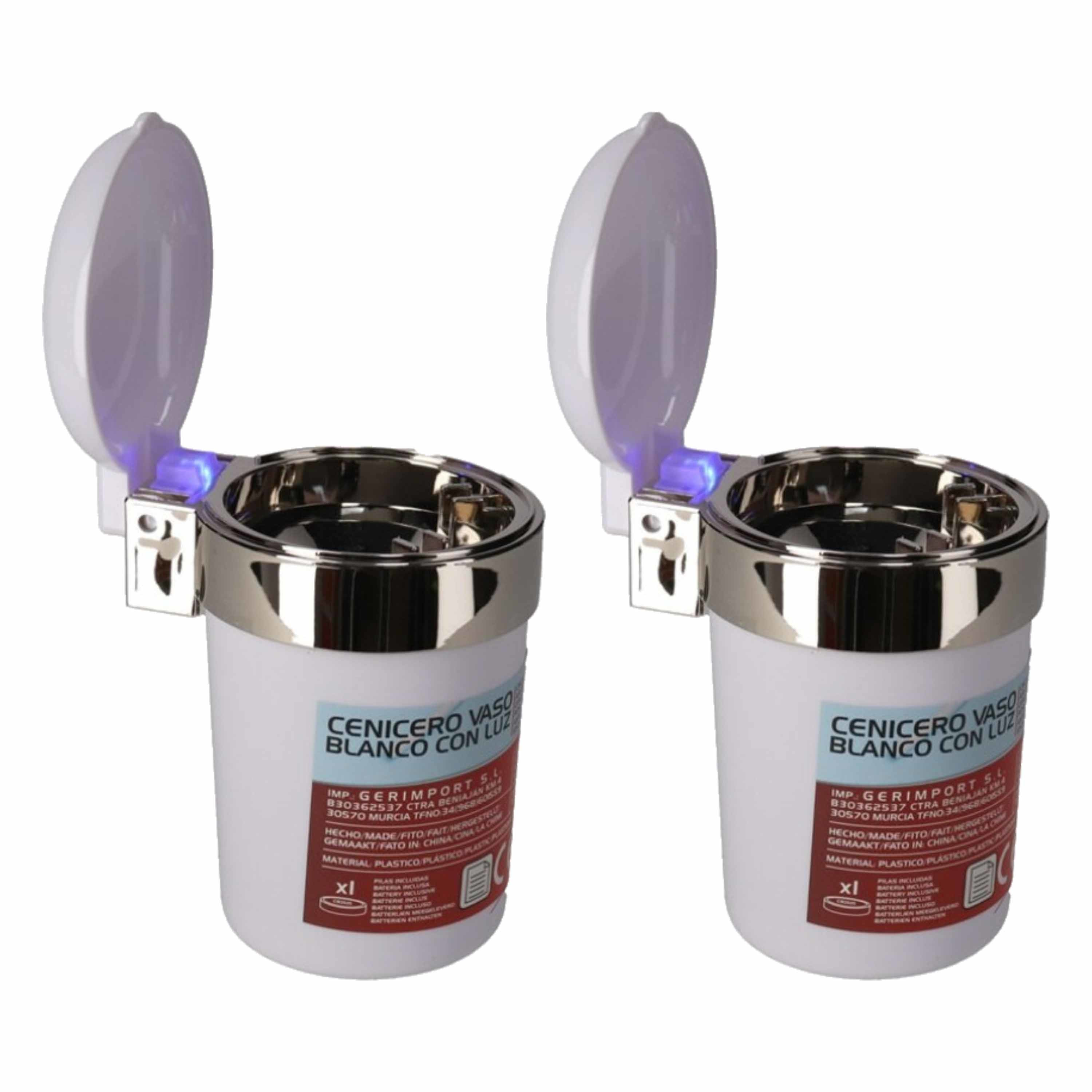 2x Auto asbak wit met Led verlichting en klepje 11 x 9 cm -