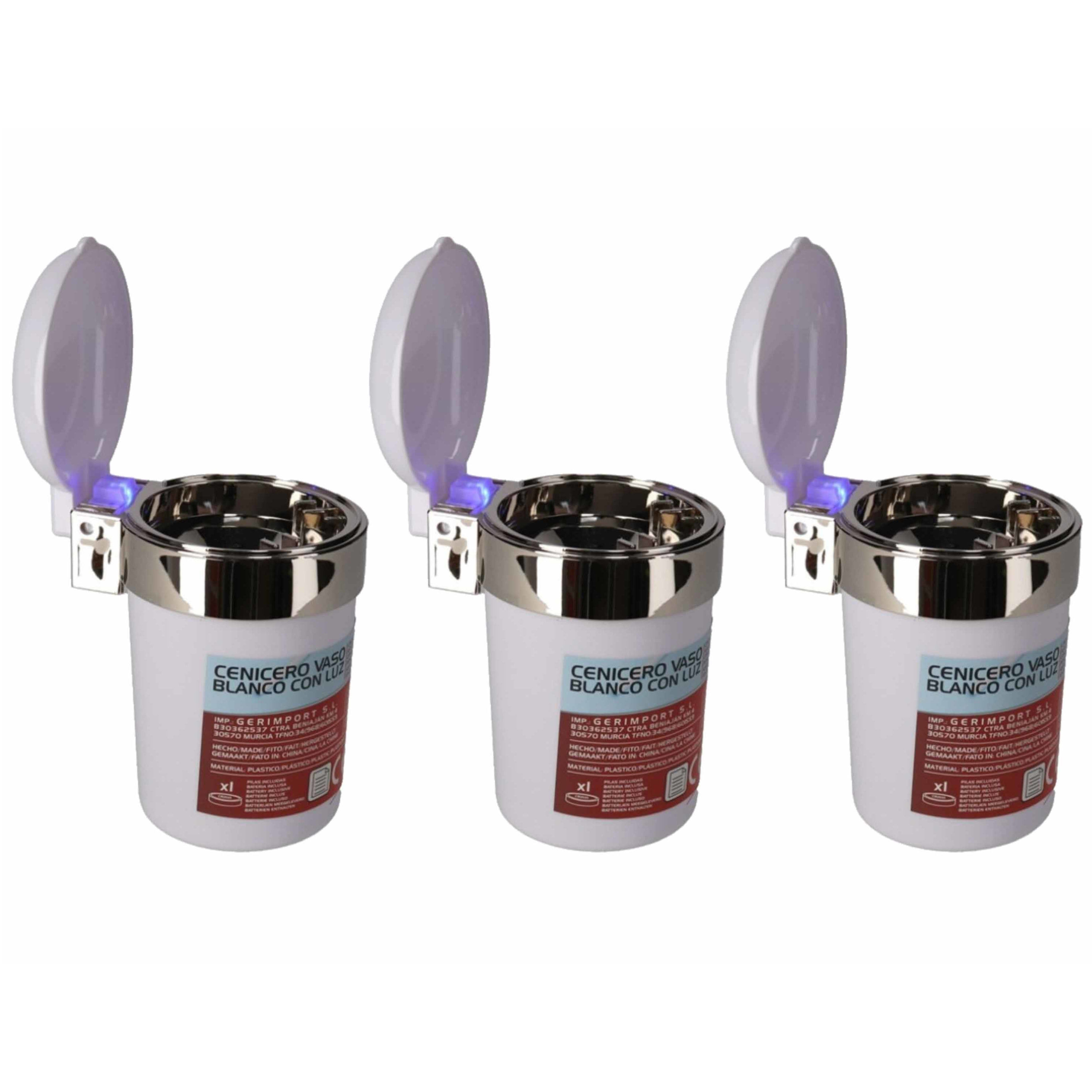 3x Auto asbak wit met Led verlichting en klepje 11 x 9 cm -