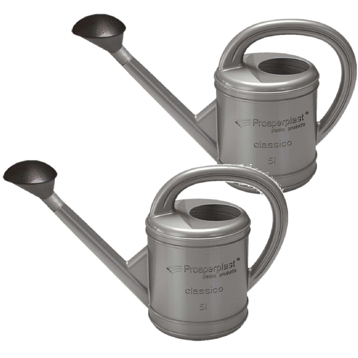 2x Grijze kunststof gieters met sproeikop/broeskop 5 liter -