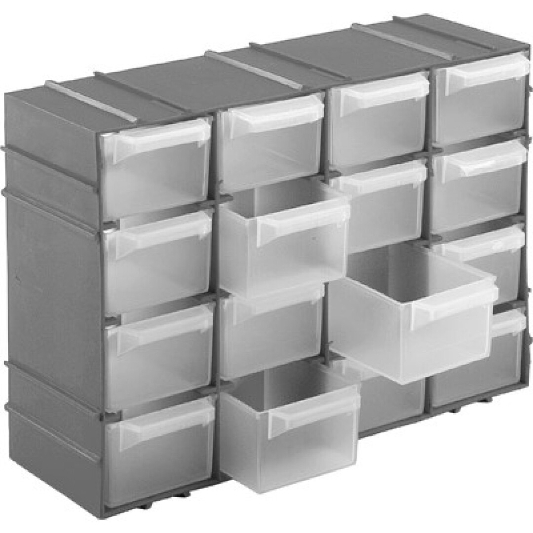 Opbergboxen/sorteerboxen - met 16 vakken - ophangbaar - 15 x 22 x 7 cm - grijs -