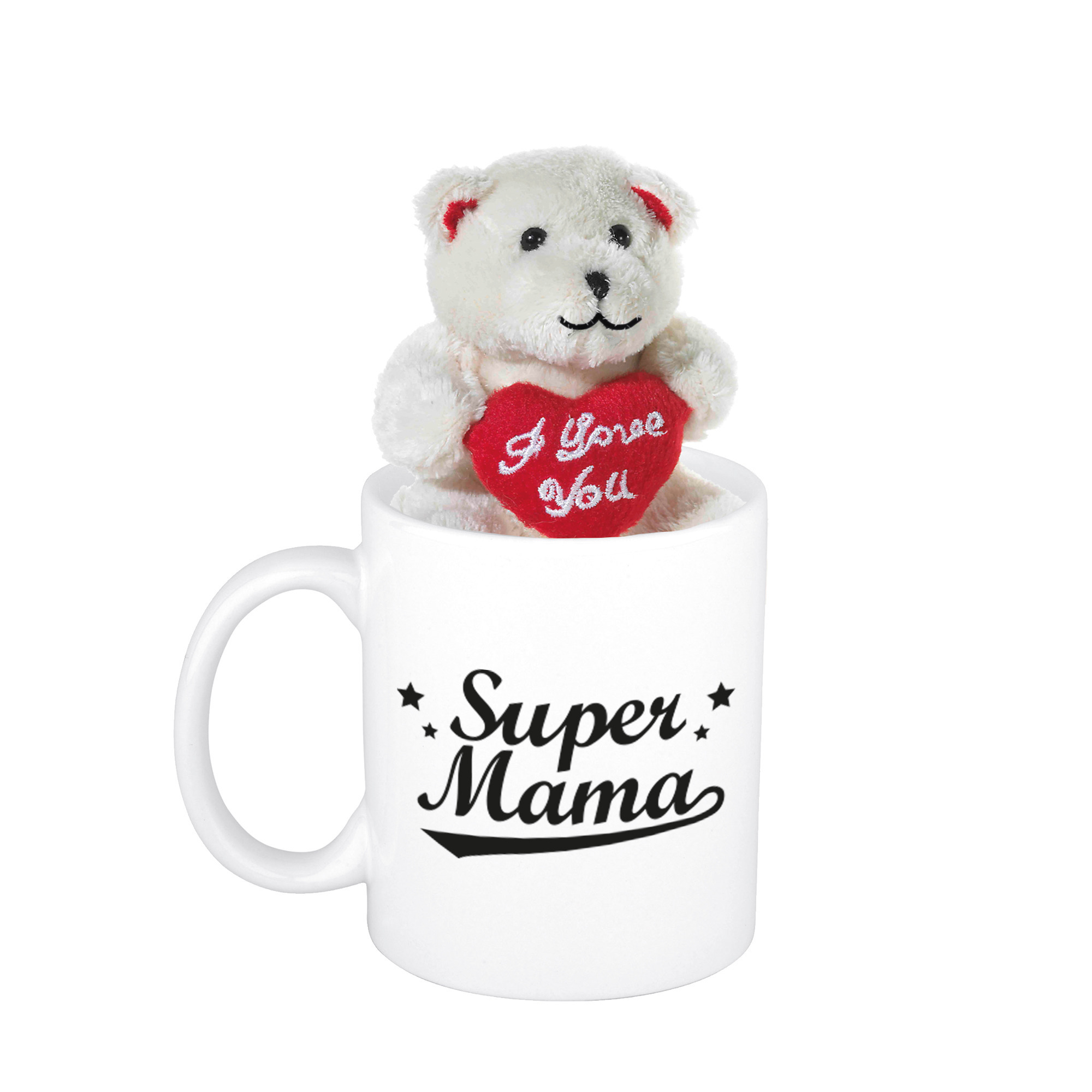 Moederdag cadeau Super mama beker / mok 300 ml met beige knuffelbeertje met love hartje -