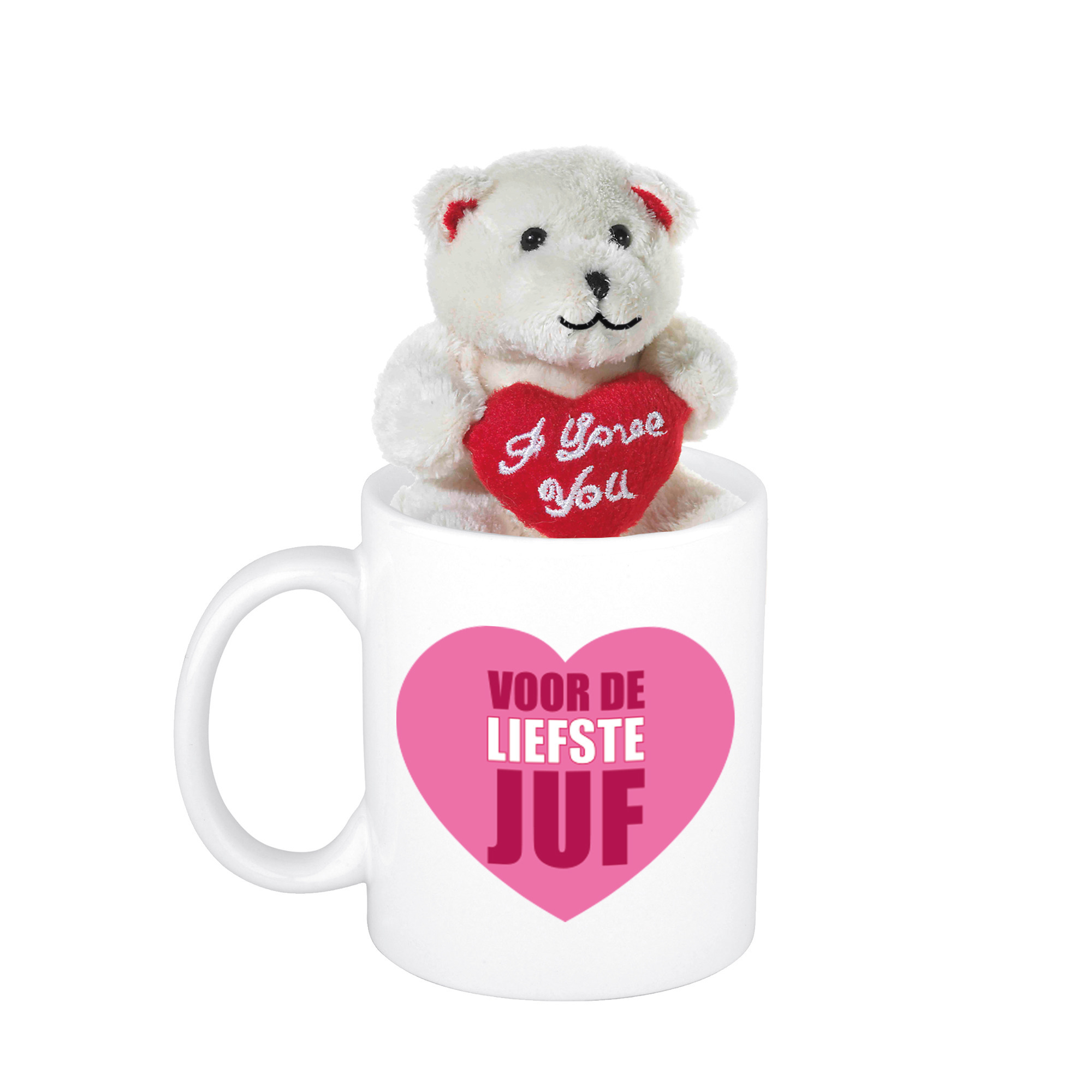Juffendag cadeau hartje voor de liefste juf beker / mok 300 ml met beige knuffelbeertje -