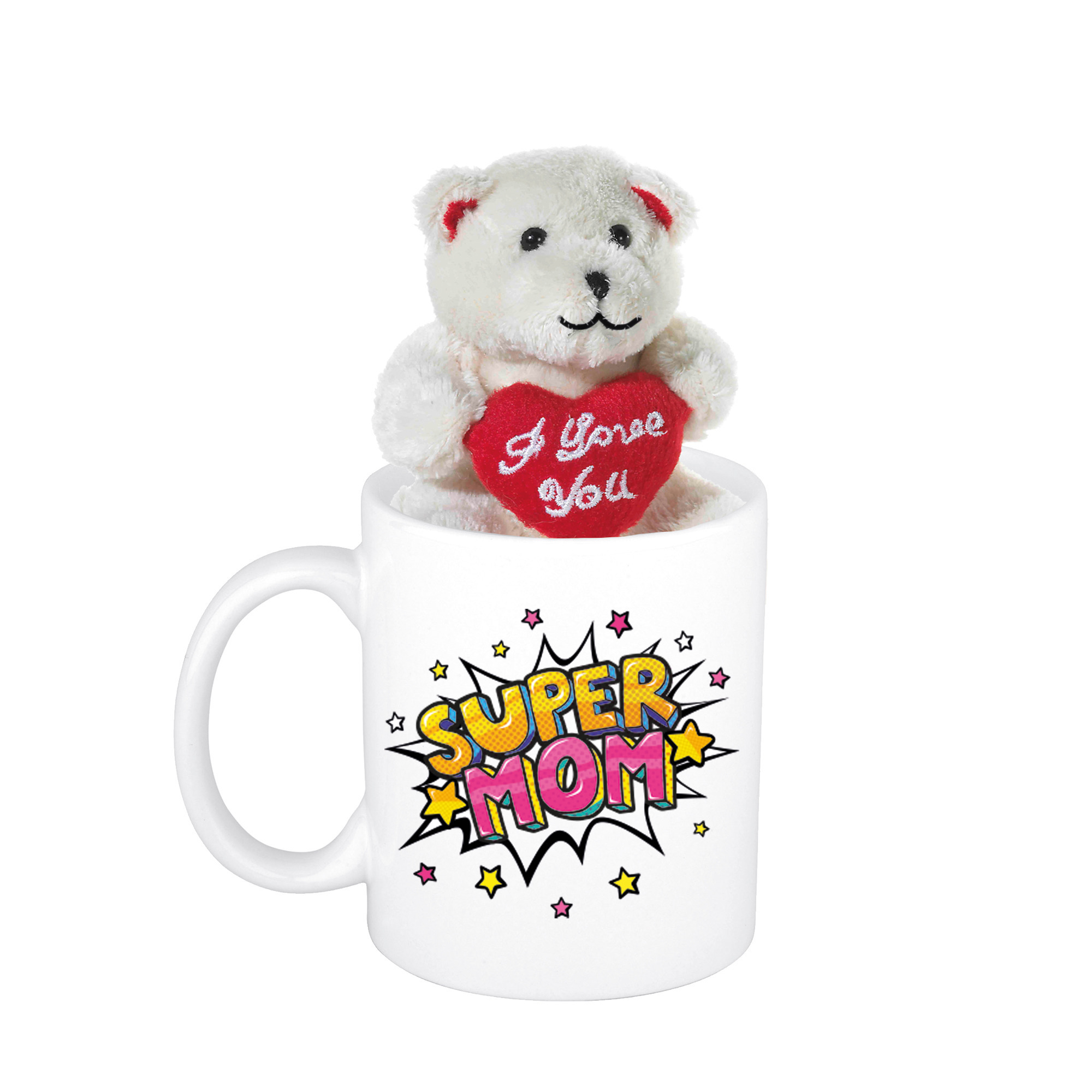 Moederdag cadeau Super mom pop art beker / mok 300 ml met beige knuffelbeertje met love hartje -